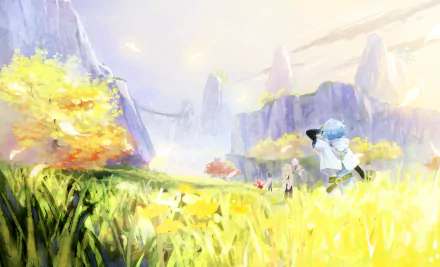 HD PC desktop wallpaper featuring Kaeya, Chongyun, Paimon, Klee, and Aether from the video game Genshin Impact in a vibrant, sunlit landscape.