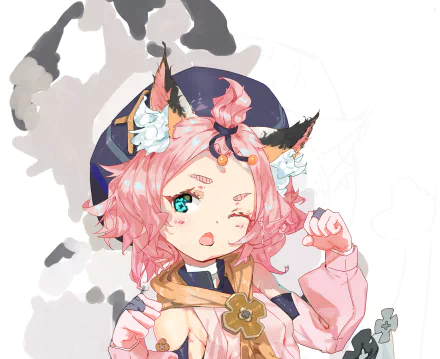 HD PC desktop wallpaper of Diona, the video game character from Genshin Impact: pink-haired, cat-eared bartender winking with a teal eye against a soft pastel background.