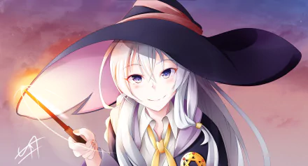 HD anime desktop wallpaper of Elaina (Wandering Witch: The Journey of Elaina) — smiling silver-haired witch in a wide black hat, holding a wand against a glowing sunset sky.