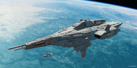 HD sci-fi desktop wallpaper featuring a detailed spaceship orbiting above a blue and white planet in outer space.