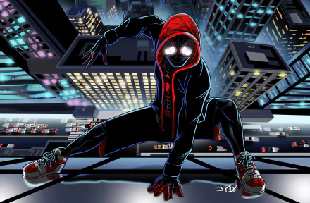 HD desktop wallpaper featuring Miles Morales Spider-Man from Spider-Man: Into The Spider-Verse, crouching in a dynamic pose over a cityscape at night, showcasing his red hoodie and black suit with glowing eyes.