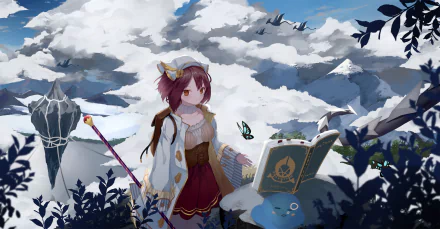Anime girl with a staff reads an ancient book beside a small blue creature, while a dragon soars in a vivid fantasy landscape under a dramatic cloudy sky.