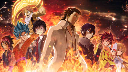 HD anime desktop wallpaper featuring a crossover of Ryō Kurokiba (Food Wars), Natsu Dragneel (Fairy Tail), Asuna Yuuki (Sword Art Online), Sora (No Game No Life), Yato (Noragami), and Sōsuke Aizen (Bleach) amid fiery background.