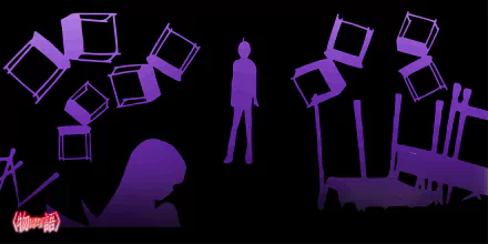 Silhouettes of Koyomi Araragi and Shinobu Oshino from the Monogatari series in purple tones on a black background, designed as an 8K Ultra HD anime desktop wallpaper.