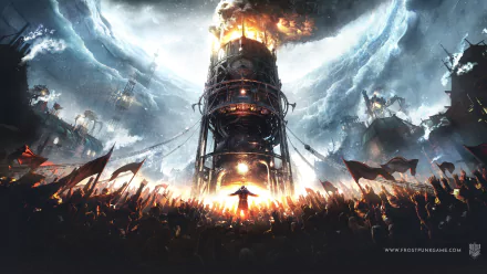 4K Ultra HD PC desktop wallpaper of the video game Frostpunk: a towering burning generator under swirling icy skies, crowds surrounding a lone figure before a frozen, ruined cityscape.