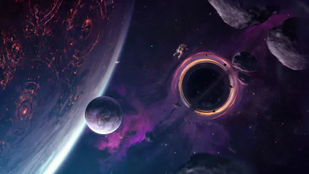 HD Sci-Fi desktop wallpaper featuring an astronaut floating near a glowing black hole surrounded by planets and asteroids in deep space.