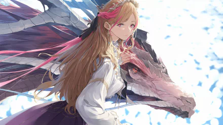 HD desktop wallpaper featuring an anime girl with blonde long hair and red eyes, wearing a dress, accompanied by a dragon.