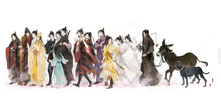 HD PC desktop wallpaper featuring a lineup of anime characters from Mo Dao Zu Shi in detailed traditional attire against a white background.