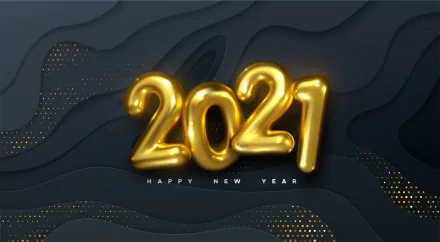 4K Ultra HD desktop wallpaper featuring shiny gold 2021 balloons with Happy New Year text against a dark, festive background celebrating the New Year holiday.