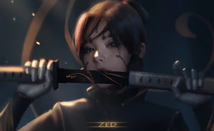 HD fantasy PC wallpaper of a woman samurai warrior holding a katana, showcasing intense focus and strength in a dark, atmospheric setting.