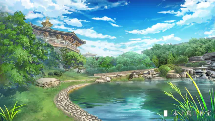 HD PC desktop wallpaper/background: anime lakeside scene with stone path, traditional building and lush trees beside a calm lake under a bright blue Sky Anime sky.