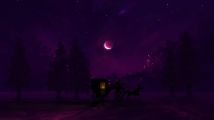 Artistic HD winter night scene with a horse-drawn carriage traveling through a snowy forest under a glowing moon, set against a deep purple sky.