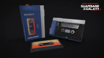 HD PC desktop wallpaper showing a retro Sony Walkman and two cassette tapes on a dark backdrop, accented by the Guardians of the Galaxy movie logo in the corner.