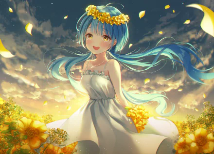 Anime girl with aqua long hair and yellow eyes wears a white dress and a flower crown, surrounded by blossoms in a glowing sunset, rendered in 4K Ultra HD quality.