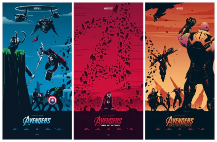 HD PC desktop wallpaper featuring stylized posters of Avengers movies: Infinity War, Age of Ultron, and the original Avengers by Marvel Studios.