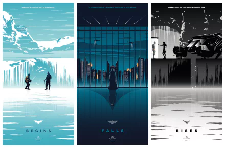 2K Quad HD PC wallpaper triptych of Bruce Wayne/Batman: Begins icy scene, Falls Gotham silhouette, Rises Batmobile tableau from Batman Begins, The Dark Knight, The Dark Knight Rises.