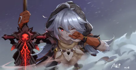 HD desktop wallpaper featuring Razor from Genshin Impact, with grey hair and red eyes, holding a sword. The dynamic artwork captures an intense moment from the video game.