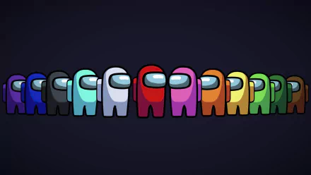 4K Ultra HD PC desktop wallpaper featuring colorful crewmates from the video game Among Us lined up against a dark background.
