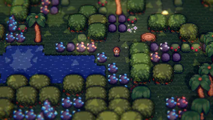 HD wallpaper of Tinkertown game, featuring a character amidst lush pixelated foliage and a tranquil stream.