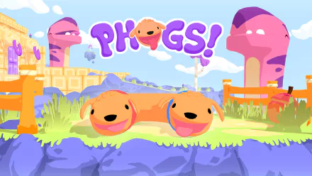HD desktop wallpaper of Phogs! featuring colorful cartoon dogs in a whimsical setting with the game's logo overhead.