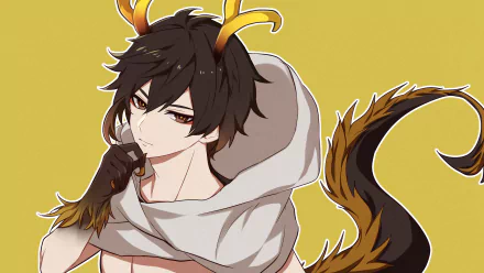 2K Quad HD PC desktop wallpaper of Zhongli (Genshin Impact, video game): smirking dark-haired man with golden antler-like horns and a furred cloak against a mustard-yellow background.