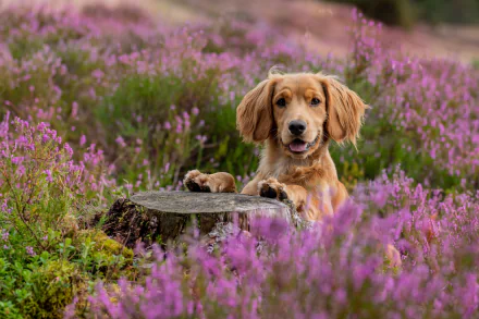 5K Ultra HD PC desktop wallpaper of a spaniel dog in blooming heather, paws on a tree stump amid a vibrant purple field — animal portrait background.