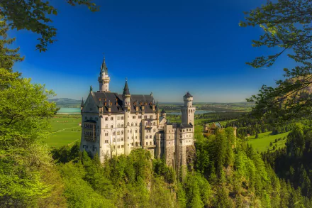 HD PC desktop wallpaper: Neuschwanstein Castle, a man-made 19th-century fairy-tale castle in Bavaria, Germany, perched on a lush green hill overlooking the valley.