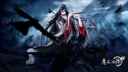HD PC desktop wallpaper of Wei Wuxian (Mo Dao Zu Shi) — anime scene of him in flowing black-red robes playing a flute amid ravens and stormy mountain peaks.