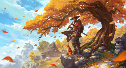 HD PC desktop wallpaper: Jin Sakai from the video game Ghost of Tsushima stands beneath an autumn maple on a cliff, a fox at his feet, village and sky stretching below.