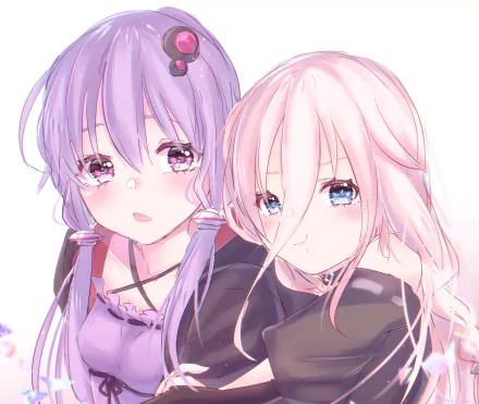 HD anime wallpaper featuring Vocaloids Yuzuki Yukari with purple hair and eyes, and IA with pink hair and blue eyes, rendered in a soft, detailed style.