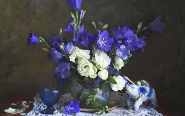 figurine elephant bellflower eustoma bouquet photography still life HD Desktop Wallpaper | Background Image