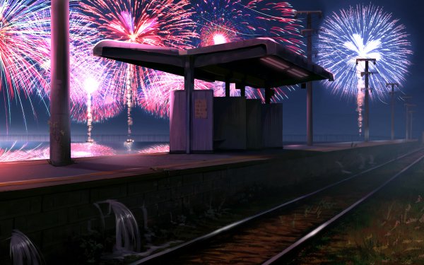 Anime Train Station Night Fireworks HD Wallpaper | Background Image