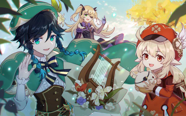 HD desktop wallpaper featuring Genshin Impact characters Venti with blue hair and a lyre, Fischl with black hair and an eye patch, and Klee in a red hat.
