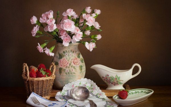 Food Still Life Flower Berry Strawberry Vase Basket Napkin Carnation HD Wallpaper | Background Image