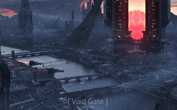 Futuristic cityscape from Arknights featuring Amiya standing near a glowing void gate, rendered as a detailed HD PC wallpaper background.