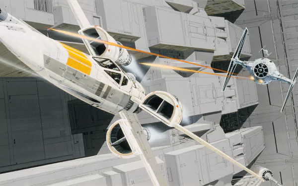 4K Ultra HD Star Wars PC desktop wallpaper featuring an X-wing fighter engaged in battle with a TIE fighter above a detailed sci-fi cityscape.