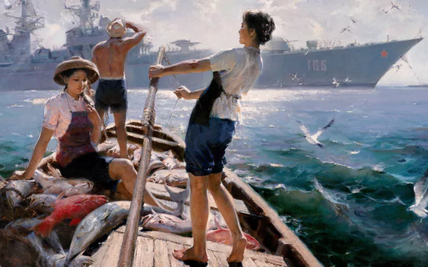 Artistic HD painting of fishermen on a fishing boat hauling in fish at sea, with a naval destroyer visible in the background, blending maritime life and military presence.