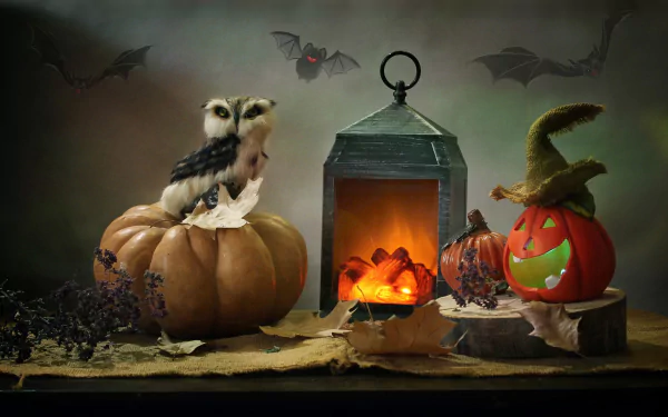 2K Quad HD PC desktop wallpaper/background: Halloween holiday still life with burlap, glowing lantern, carved and natural pumpkins, an owl perched on a pumpkin, scattered leaves and bats.