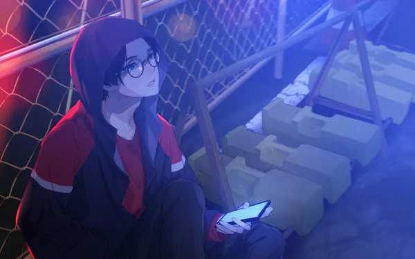 An anime boy wearing glasses sits against a fence at night, holding a phone. The scene is illuminated by vibrant neon lights, creating a captivating 4K Ultra HD background.
