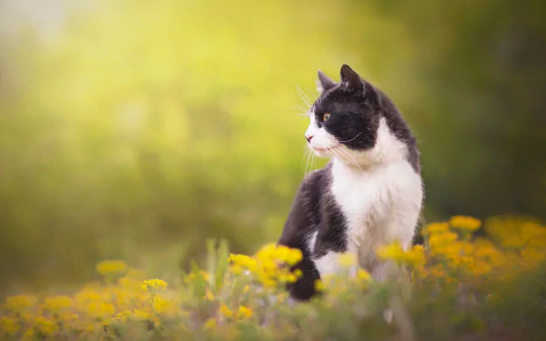 HD PC desktop wallpaper/background showing a black-and-white cat in profile among yellow flowers with a soft green bokeh backdrop.