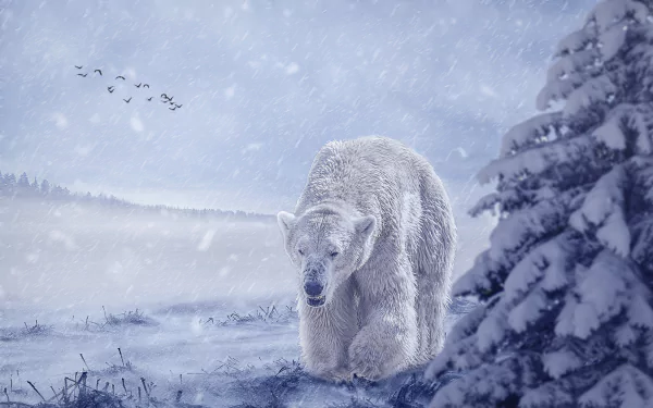 A majestic polar bear wanders through a snowy landscape, surrounded by falling snowflakes, with birds flying in the distance. This stunning 4K Ultra HD wallpaper captures serene winter beauty.