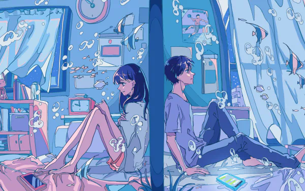 HD anime wallpaper featuring a couple sitting in separate underwater-themed rooms with fish and bubbles, both holding phones.