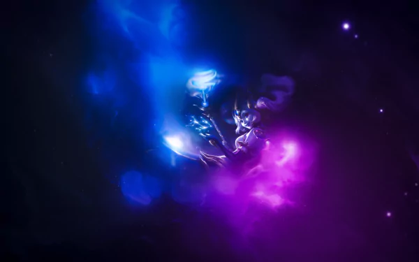 A fantasy-themed HD desktop wallpaper of Nami from League of Legends, featuring pink and blue ethereal elements with a staff. The artwork creates a magical and vibrant atmosphere.