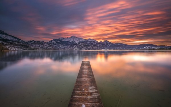 Man Made Pier Sunset Mountain Lake Germany Bavaria Bavarian Alps Lake Kochel HD Wallpaper | Background Image