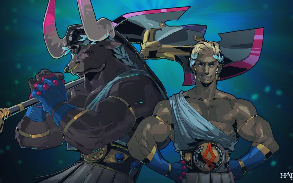 HD PC desktop wallpaper from the Hades video game showing Asterius (Hades), a horned armored minotaur, standing beside Theseus (Hades) in Greek warrior garb against a blue-green backdrop.