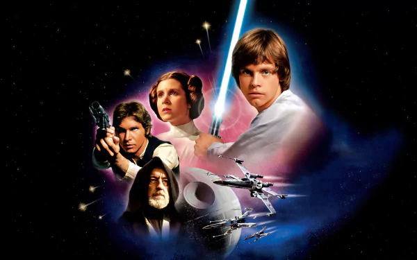 HD desktop wallpaper featuring Obi-Wan Kenobi, Han Solo, Princess Leia, and Luke Skywalker from Star Wars Episode IV: A New Hope with iconic space battle scene.