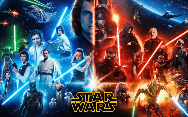 4K Ultra HD Star Wars movie wallpaper featuring iconic characters and spacecraft from the saga, divided between the light and dark sides.