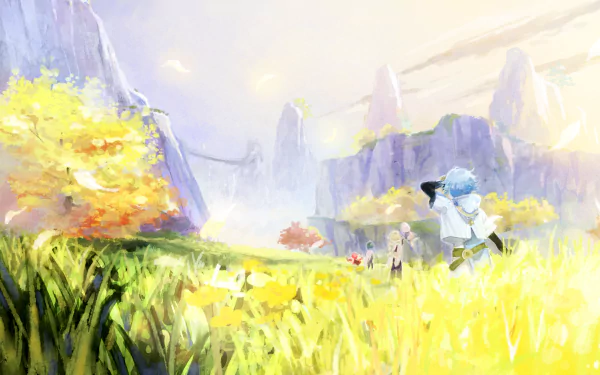 HD PC desktop wallpaper featuring Kaeya, Chongyun, Paimon, Klee, and Aether from the video game Genshin Impact in a vibrant, sunlit landscape.