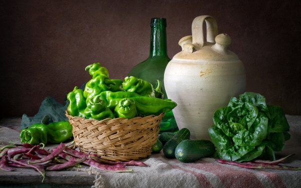 Food Still Life Bottle Pepper Jug Cabbage Cucumber Vegetable HD Wallpaper | Background Image