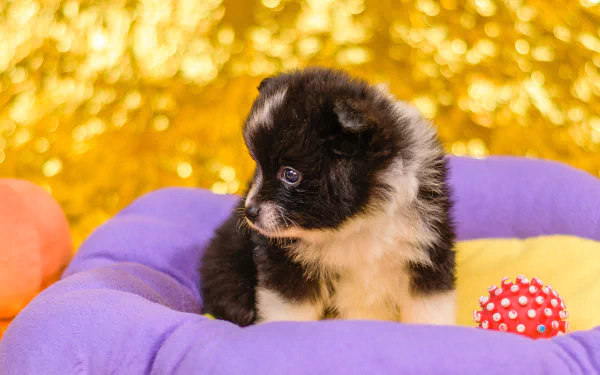 HD desktop wallpaper featuring a fluffy black and white Pomeranian puppy resting on a colorful cushion with a red spiked ball nearby.